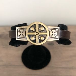 Gold Coptic Cross and Skull Slider Dark Brown Leather Bracelet